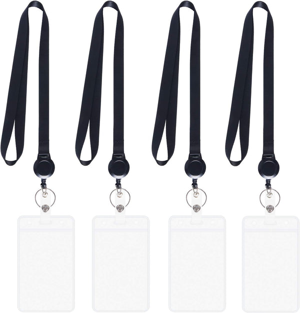YOUOWO Lanyards Black with Retractable Badge Reel and Vertical ID Badge Holder, Waterproof (4 Pack)
