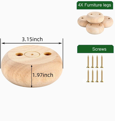 Mysummer 4PCS White Round Bun Feet Wood Sofa Legs Solid Wood Furniture Legs for Cabinet Sofa Ottoman TV Stand Loveseat