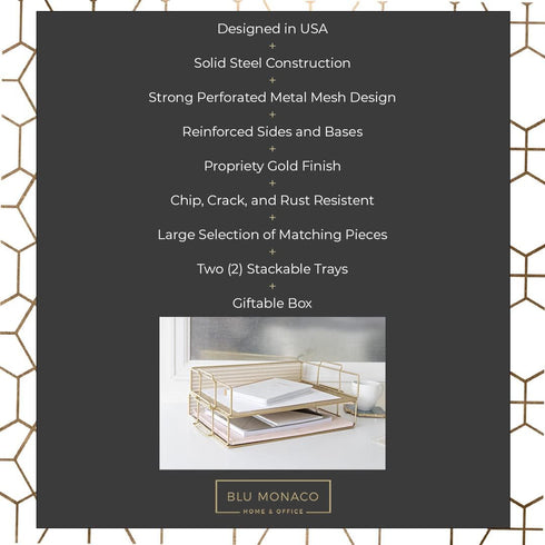 Set 2 BLU MONACO | Paper Tray Stackable Gold Mesh of | Stackable File Trays for Desk Organization | Tiered Desk