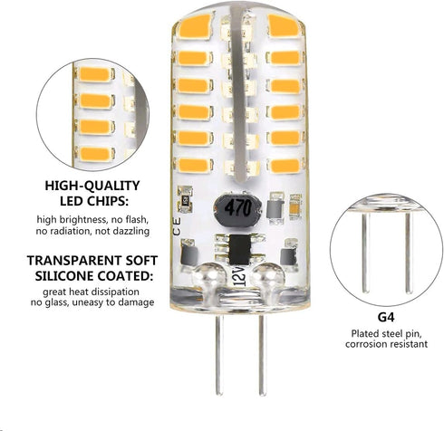 G4 LED Bulbs 12V 3W Bi-Pin, 48 3014 SMD, 20W Halogen Replacement, Silicone Coated, 220 Lumens, 10 Count