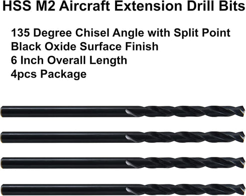 MAXTOOL 7/32"x6" 4pcs Identical Aircraft Extension Drills HSS M2 Extra Long Deep Twist Drill Bits