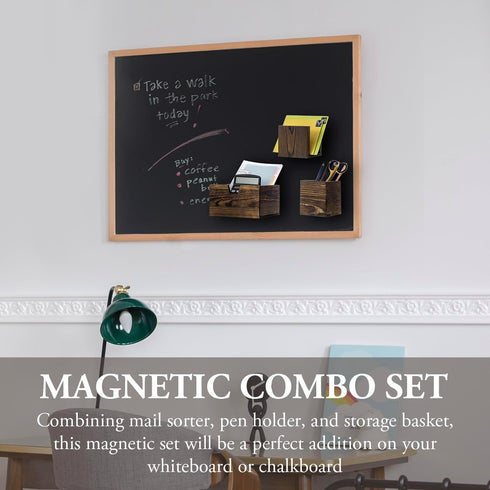 MyGift Magnetic Storage Trays, Rustic Burnt Solid Wood Office Supplies Baskets with Mail Sorter and Pen Holder, 3 Piece