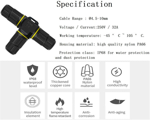 3 Way Junction Box IP68 Waterproof - 3 Pin Outdoor Cable Connector for Underground/Outdoor 0.18-0.4in, 2Pack