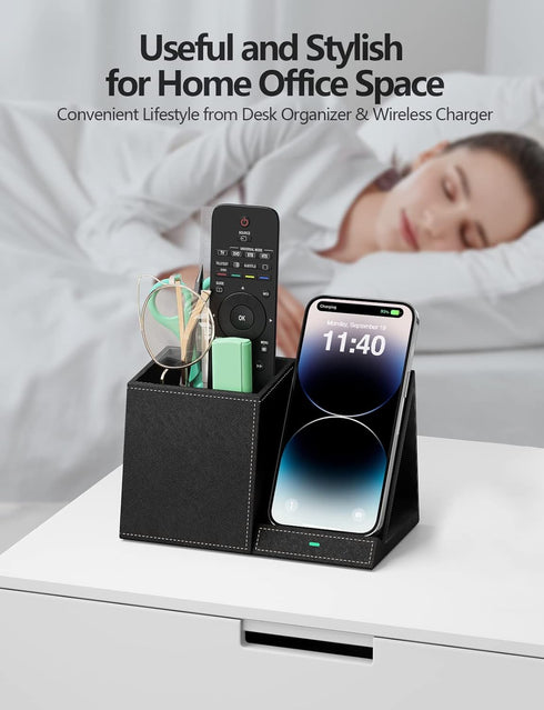 Desk Supplies Organizer, Multi-Functional Pencil Pen Holder with Wireless Charger, Home Office Supply Storage Box, Black