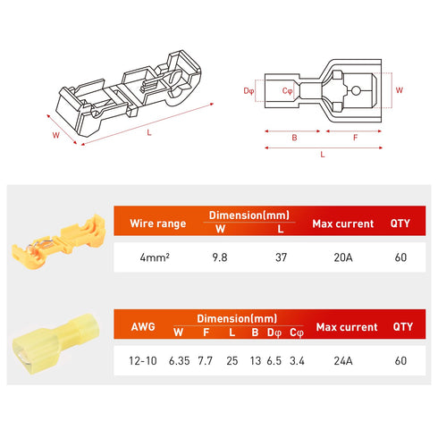 Nilight 120PCS/60 Pairs Quick Splice Disconnect Wire Terminals, T-Tap Spade Connectors for 12-10 AWG Wires