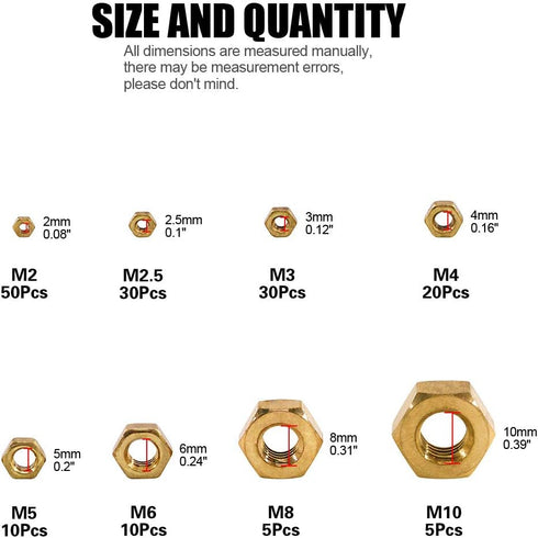 Glarks 160Pcs Metric M2 M2.5 M3 M4 M5 M6 M8 M10 High Strength Brass Hex Nuts Assortment Kit