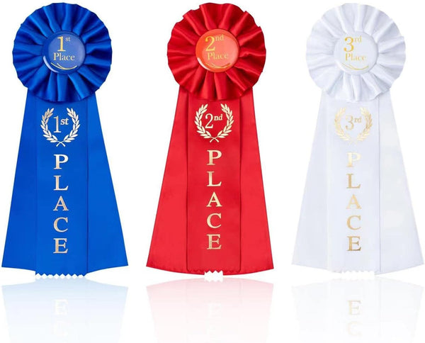 Award Ribbons Rosette Ribbon - 1st, 2nd, 3rd Place for Classroom Prizes, Sports Events, Blue Red White (3 Pieces)