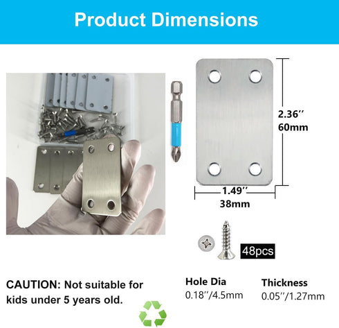 12 Pack Flat Mending Plate, Metal Bracket, Stainless Steel Brace 2.36 x 1.49'', Fixing Joining Plate for Wood with