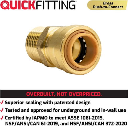 QuickFitting 1/2 x 1/2 inch MNPT Male Adapter, Brass Push to Connect Plumbing Fitting, 5-Pack
