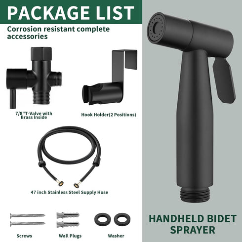 Matte Black Handheld Bidet Sprayer for Toilet, Solid Brass T-Valve & Stainless Steel Hose, Adjustable Pressure Cloth