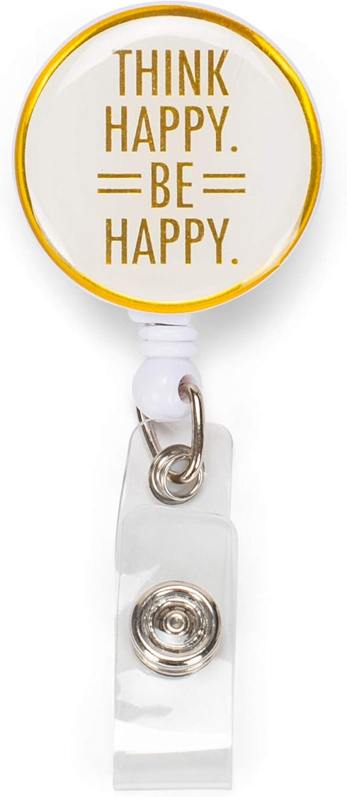 Think Happy Be Happy Gold Tone White Badge Reel with Alligator Clip for ID