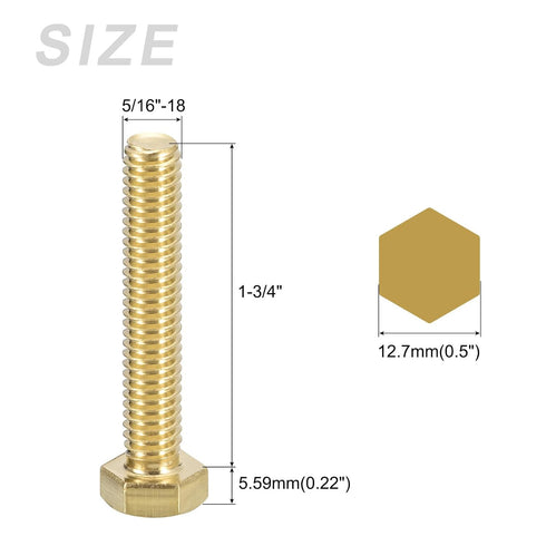 Hex Head Screw Bolt 5Pcs (5/16-18x2"), Brass Fully Threaded Solid Hex Bolts for Machinery Repair