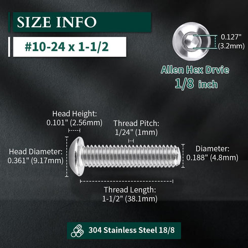 #10-24 x 1-1/2" (50 PCS) Button Head Socket Cap Bolts Screws - 304 Stainless Steel 18-8, Allen Hex Drive