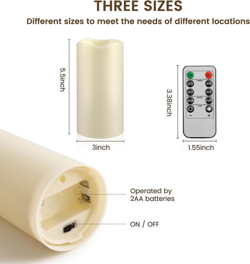 Waterproof Flameless Remote Control Candles, 2PACK (D3''*H5.5''), Battery Operated Flickering LED Pillar Candle