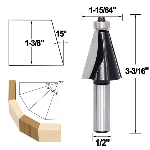 1/2 15 2-Flute Chamfer Router Bit Shank, Degree Carbide Chamfer Cut, Edge Forming Bevel Router Bit, Chamfer Bit Miter