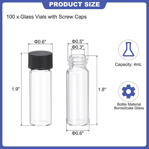 PATIKIL 4ml Clear Glass Vials, 100 Pack Leak-Proof Sample Vials with Screw Cap for Lab