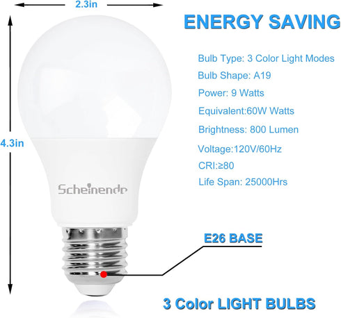 A19 3-Color LED Light Bulbs with Warm White, Daylight, Natural White, Color Changing Light Bulb, 9W (60 Watt Equivalent), 800 Lumen, E26 Standard Base,CRI 80+, ETL FCC Listed, 4 Pack by Scheinenda