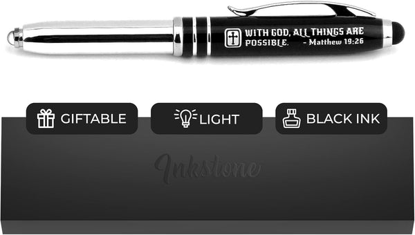 Matthew 19:26 Gift Pen - LED Light and Stylus Tip, Inspirational Religious Bible Gift for Christian Man Woman