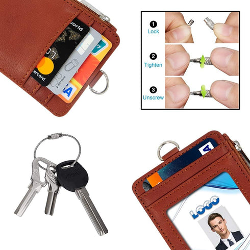 Life-Mate PU Leather ID Badge Holder Wallet Case with Zipper, 5 Card Slots, 19" Neck Lanyard, Heavy Duty Metal Reel