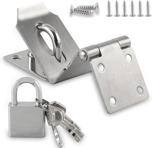 4 Inch Door Lock Latch Padlock Hasp Set, Stainless Steel Safety Right Angle Padlock Hasp Locking Latch with Screws for