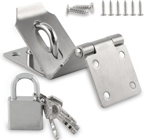 4 Inch Door Lock Latch Padlock Hasp Set, Stainless Steel Safety Right Angle Padlock Hasp Locking Latch with Screws for