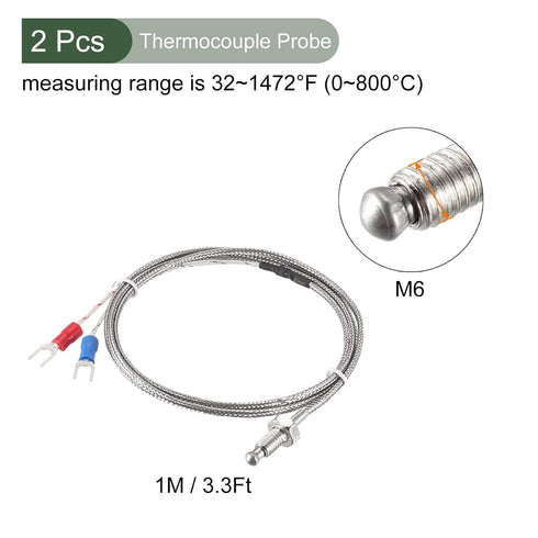 YOKIVE 2 Pcs K-Type Thermocouple Temperature Sensors, M6 Thread 0-800C Probe with Wire, Great for Factory, Industry (Silver, 1m/3.3Ft)