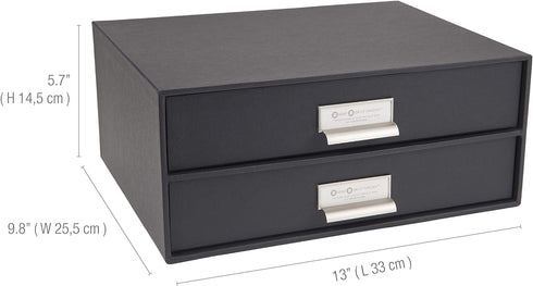 Bigso Box of Sweden Birger 2-Drawer Fiberboard Document Letter Box | Desktop Drawers with Metal Label Holder