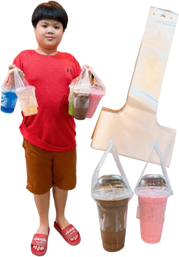 100PCS Plastic Clear Handle Drink Containers Bags for Shops Stores Delivery Hanging
