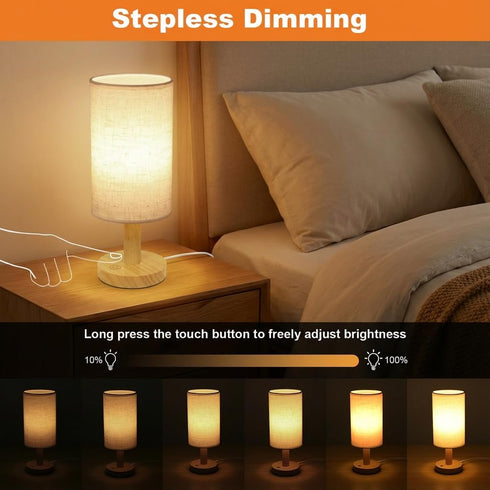 Dimming 2700K 5W 50K Bulb Touch Bedside Table Lamp - Stepless USB Powered, Minimalist Wood Base Linen Shade, Warm Light