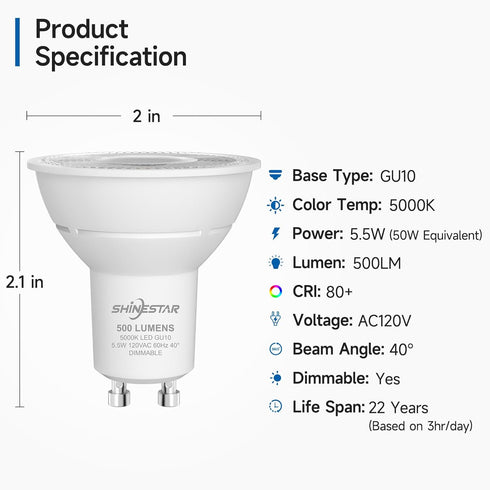 SHINESTAR 6-Pack GU10 LED Bulb, 5.5W (50W Equivalent), Dimmable Recessed Light Bulbs, 5000K Daylight White, 500LM, GU10 Base by SHINESTAR