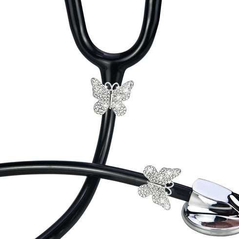 2 Pack Bling Butterfly Stethoscope Charms with Silvery Rhinestones for Doctor Nurse ID Name Tag