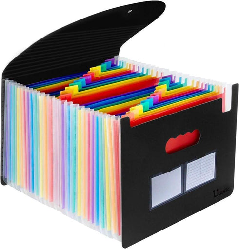 Uquelic Large Plastic 24 Pocket Expanding File Folder with Cover - Rainbow Accordion A4 Document Organizer Briefcase