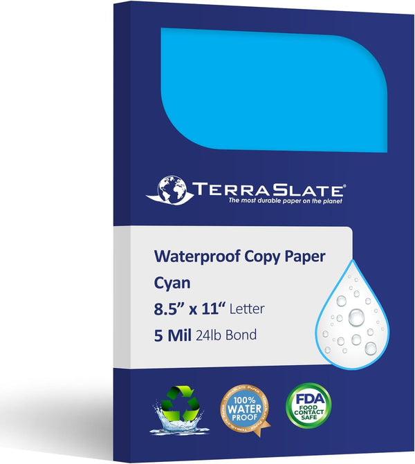 Waterproof Paper | Cyan Blue | 8.5" x 11" Laser Printer Paper, Copy Machine & Digital Press Compatible, 25 Sheets (5