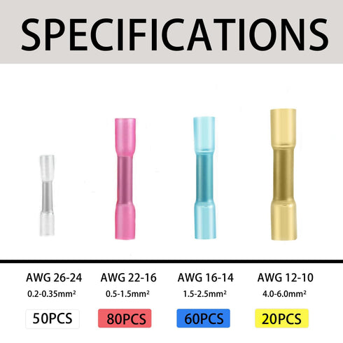 Waterproof Automotive Marine Electrical Terminals Kit, AWG 22-10, Insulated Tinned Copper Butt Crimp Connector