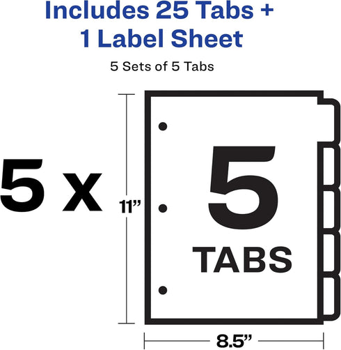 5-Tab 5 Sets (11421) Avery Binder Dividers, Easy Peel Clear Labels for Copiers, Index Maker, White Tabs
