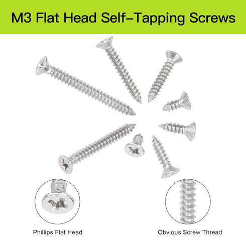 M3 Flat Head Wood Screws Assortment Fasteners Kit, 420pcs Phillips Drive Countersunk Head Self-Tapping Screws, 304