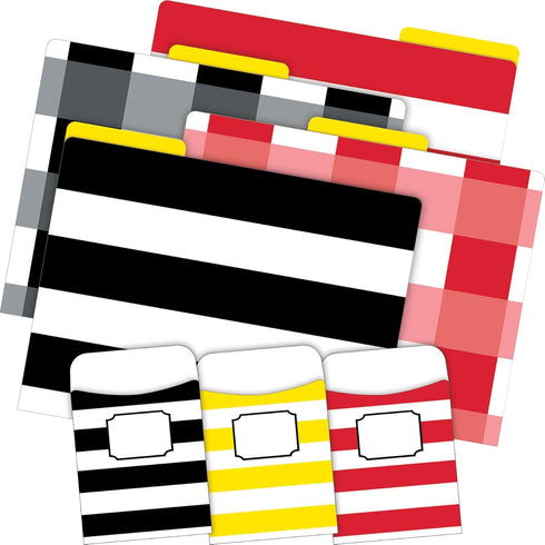 Barker Creek Designer File Folder and Library Pocket Set, 12 Colorful File Folders, Buffalo Plaid & Wide Stripes, 30
