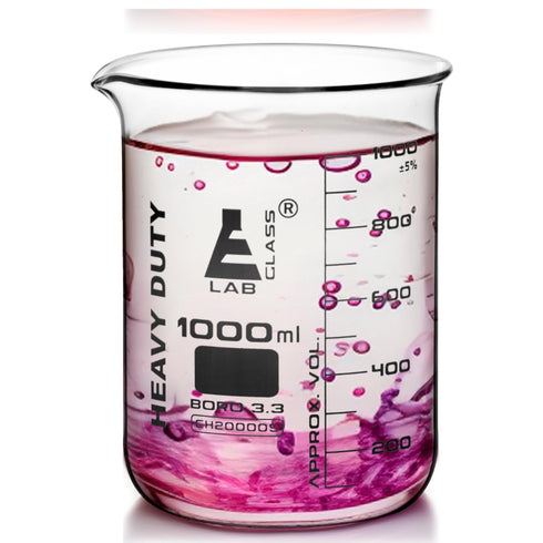 EISCO Heavy Duty Beaker, 1000ml, 5mm Thick, White Graduations, Borosilicate 3.3 Glass, Superior Durability