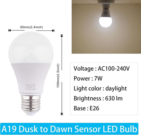 Dusk to Dawn LED Outdoor Light Bulb 7W Daylight White Auto on/Off Photocell Sensor A19 LED Light Bulb 60 Watt Equivalent, 3-Pack by LEDBEFINE