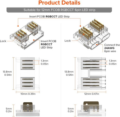 BTF-LIGHTING FCOB 6Pin 12mm 0.47in Transparent Connector Kit 10pcs Corner Connector 8pcs Gapless Solderless Connector 5pcs 5.9in Long 24AWG Extension Wires Support FCOB RGBCCT (+ R G B C W) LED Strip by BTF-LIGHTING