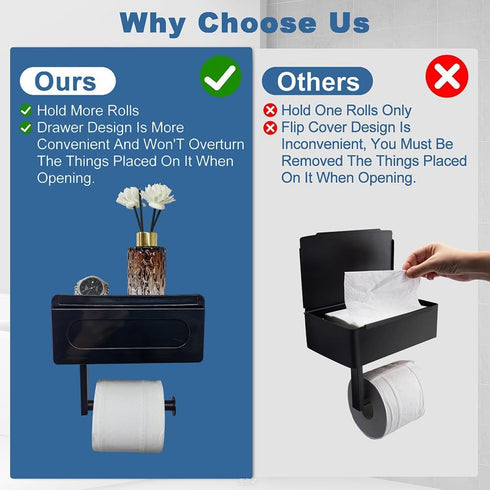 Generic Toilet Paper Holder with Wipes Storage - Wall Mount Bathroom Wipes Holder Black Roll Tissue Holder with Shelf