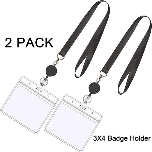 YOUOWO Black Lanyard with Horizontal ID Badge Holder 4x3 and Retractable Badge Reel, 2 Pack
