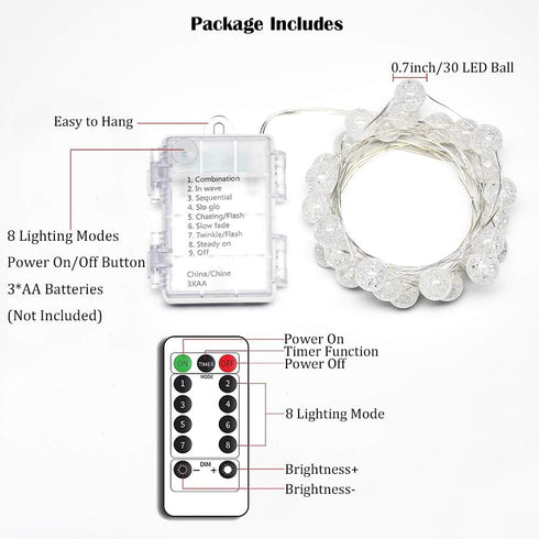 Grandhome 10ft 30 8 Globe String Lights, Crystal Ball Led String Lights Warm White, LED Fairy Lights Battery Operated