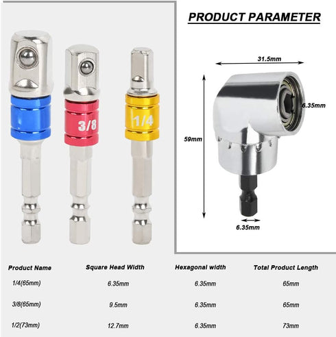 TIMESETL 3Pcs 1/4" 3/8" 1/2" Cr-V Hex Shank Impact Grade Socket Adapter Extension Set