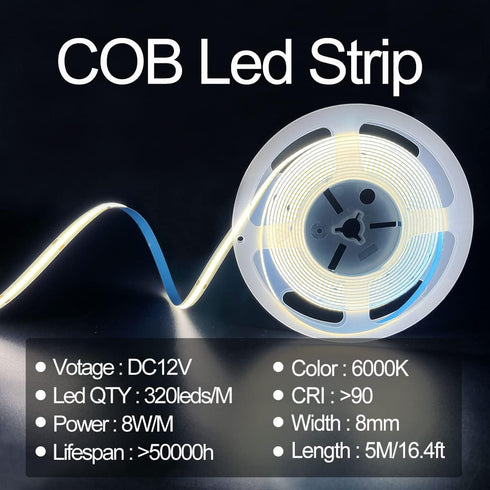 6000K,DC12V 16.4ft/5M 320leds/M CRI90 8mm,for HAMRVL COB LED Strip Lights White Flexible LED Tape Lights Indoor Home