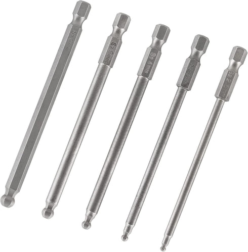 5Pcs Ball End Metric Hex Bit Set, 100 mm/4 Inch Length S2 Steel Magnetic Hex Screwdriver Bits for Power Tools