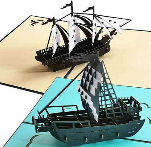 Set of 2 Sailing Boat Pop Up Greeting Cards - Congratulation for Special Day, Valentine's Day, Birthday or Wedding with