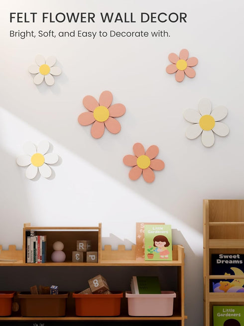 6 3-Size Fluxynara PCS Daisy Felt Flower Wall Decor, Daisy Bulletin Board for Nursery & Girl Room, Acoustic Felt Wall