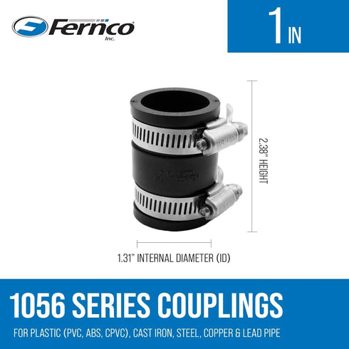 Fernco 1056-100 1-in. Flexible PVC Pipe Coupling for Plastic and Copper Plumbing Connections, 2-Pack
