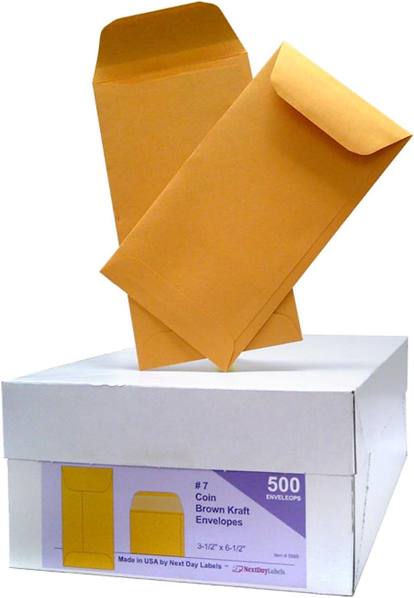 NextDayLabels - Box of 500# 7 Coin Brown Kraft Envelopes for Small Parts, Seeds, Cash, Gummed Flap
